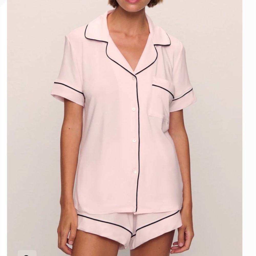 Eberjey Gisele Tencel Modal Relaxed Short PJ Set Sorbet Pink Black Womens Medium